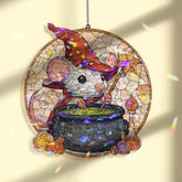 Wizard Mouse Acrylic Suncatcher, Stained Glass Style Halloween Animal with Cauldron Window Hanging, Cute Magical Fall Home Decor Gift
